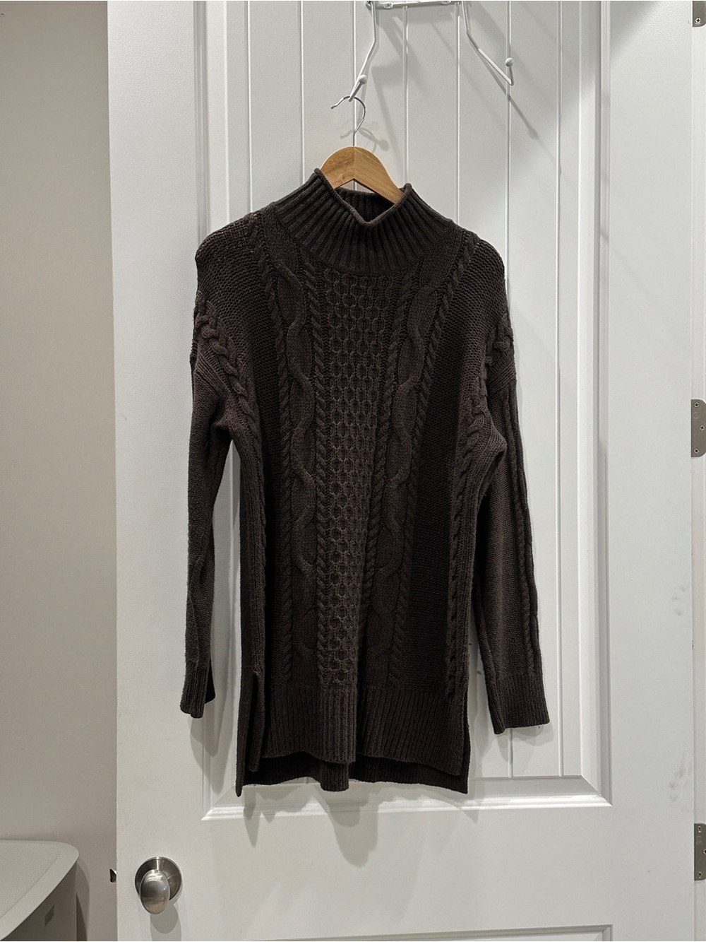 LOFT Khaki Brown Cable Knit Mock Neck Sweater